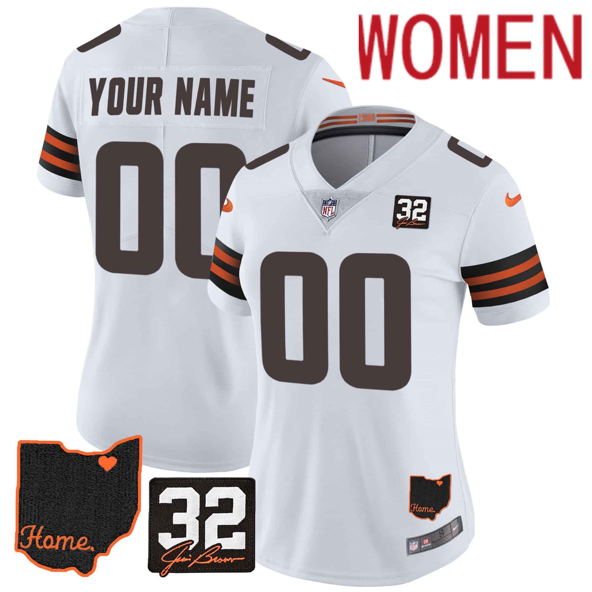 Women Cleveland Browns White #32 Jim Brown Memorial Home Patch Custom 2024 Nike NFL Jersey